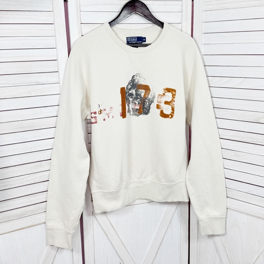 Vintage Polo Ralph Lauren 1793 Ape Gorilla Distressed Sweatshirt Cream Medium